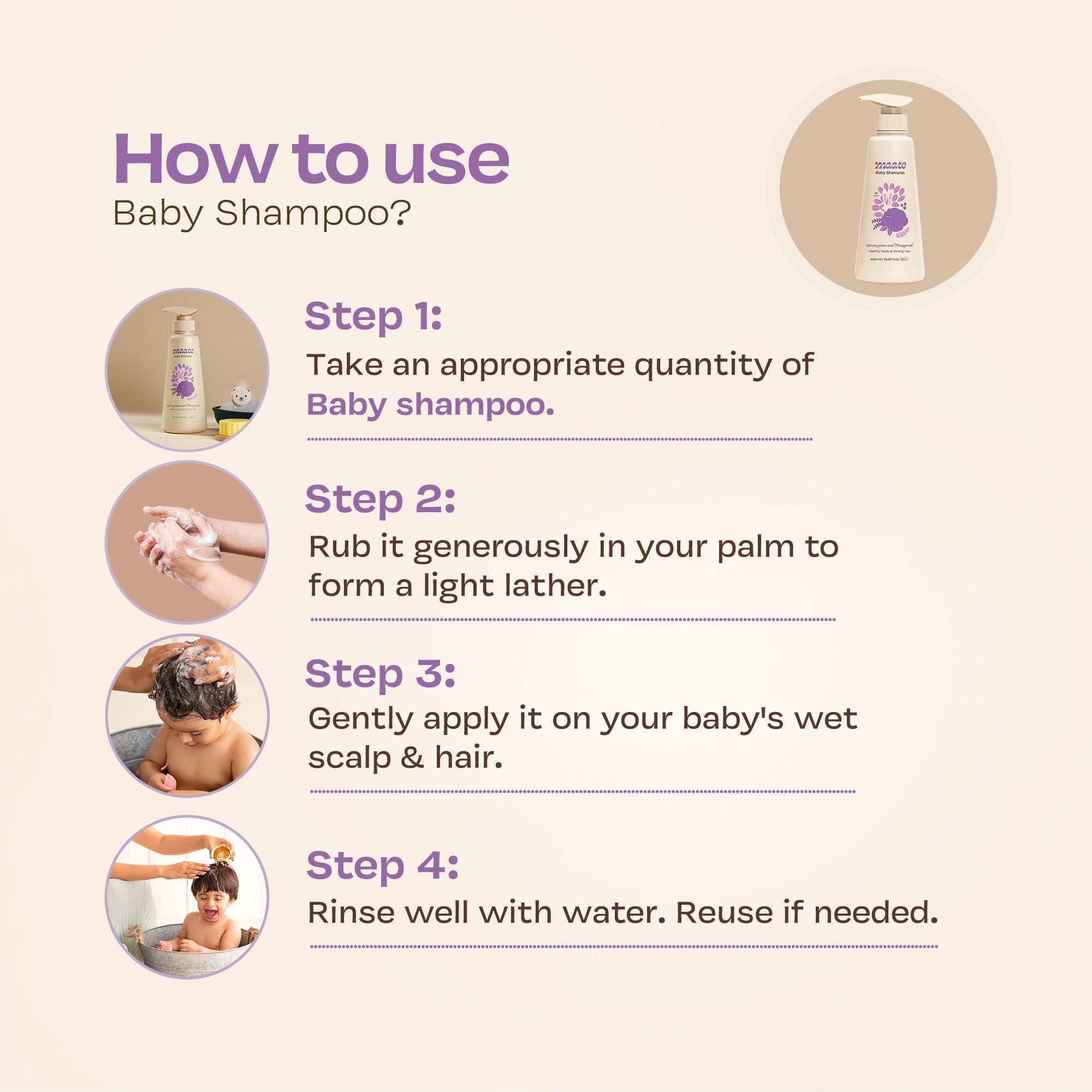 Maate Baby Shampoo from Green Gram & Fenugrek Extracts, Soap Free & Tear Free tural Cleanser, 400ml