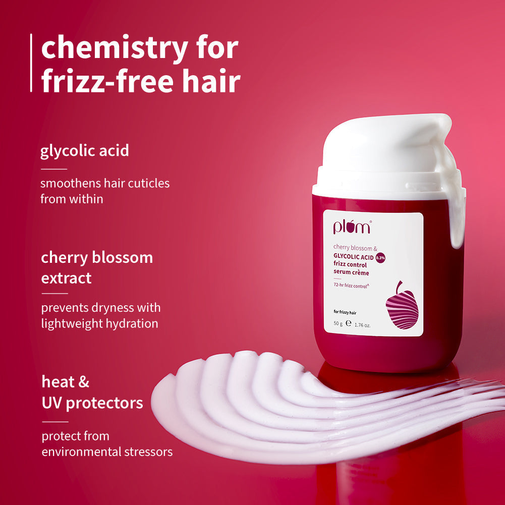 Plum 0.3% Glycolic Acid & Cherry Blossom Frizz Control Serum Creme | 72-Hr Humidity-Proof Frizz Control, 50g Buy at Indicrest Image 4