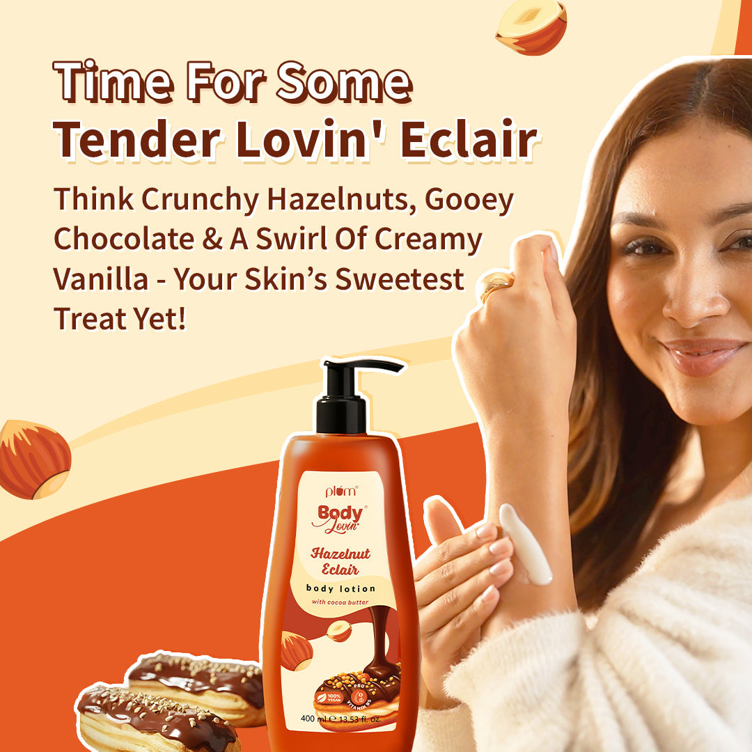 Plum Hazelnut Eclair Body Lotion by Plum BodyLovin' | Deep Moisturization | Cocoa Butter & Vitamin B5 | Decadent Hazelnut Chocolate Fragrance | Non-Greasy & Lightweight, 400ml Buy at Indicrest Image 6