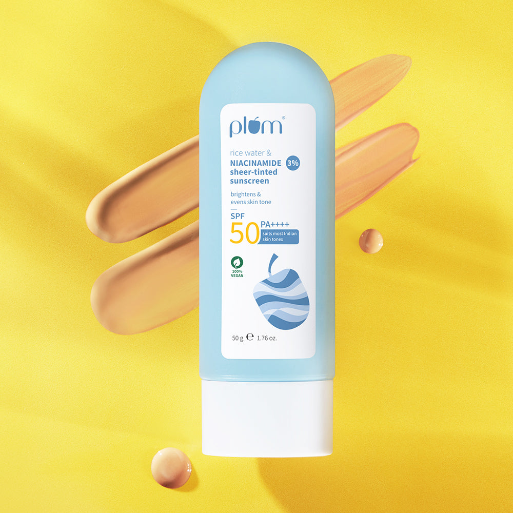 Plum 3% Niacinamide & Rice Water SPF 50 Sheer-Tinted Sunscreen | Universal Tint For Most Indian Skin Tones | Non-Greasy, 50g Buy at Indicrest