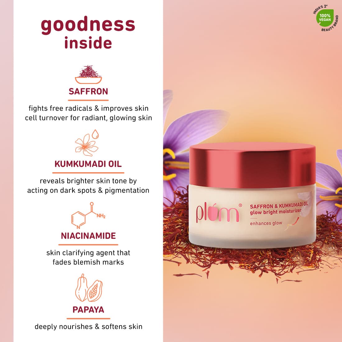 Plum Saffron & Kumkumadi Oil Glow Bright Moisturizer with SPF 35 | Enhances Glow | Brightens Skin, 50g Buy at Indicrest Image 3