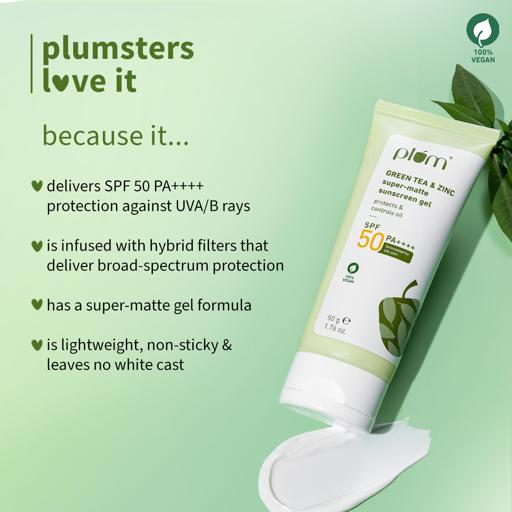 Plum Green Tea & Zinc Super-Matte SPF 50 Sunscreen Gel for Oily Skin | Instant Oil Reduction| 120-Min Water Resistant | Dermat-Tested | No White Cast, 50g Buy at Indicrest Image 6