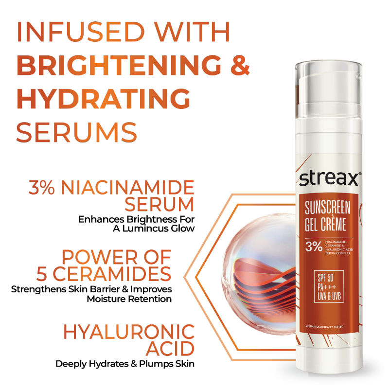 Streax Sunscreen Gel Crème SPF 50 Pa+++, 50G, Hydrating & Brightening, Non-Oily & No White Cast, 50ml Buy at Indicrest Image 3