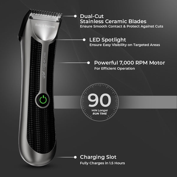 Ikonic Me Body & Hygiene Trimmer – Precision Grooming for Body & Intimate Areas | LED Spotlight | 90-Min Runtime | Powerful 7,000 RPM Motor | Water-Resistant (IPX6) | Stainless Ceramic Blades | Charging Dock Included Buy at Indicrest Image 2