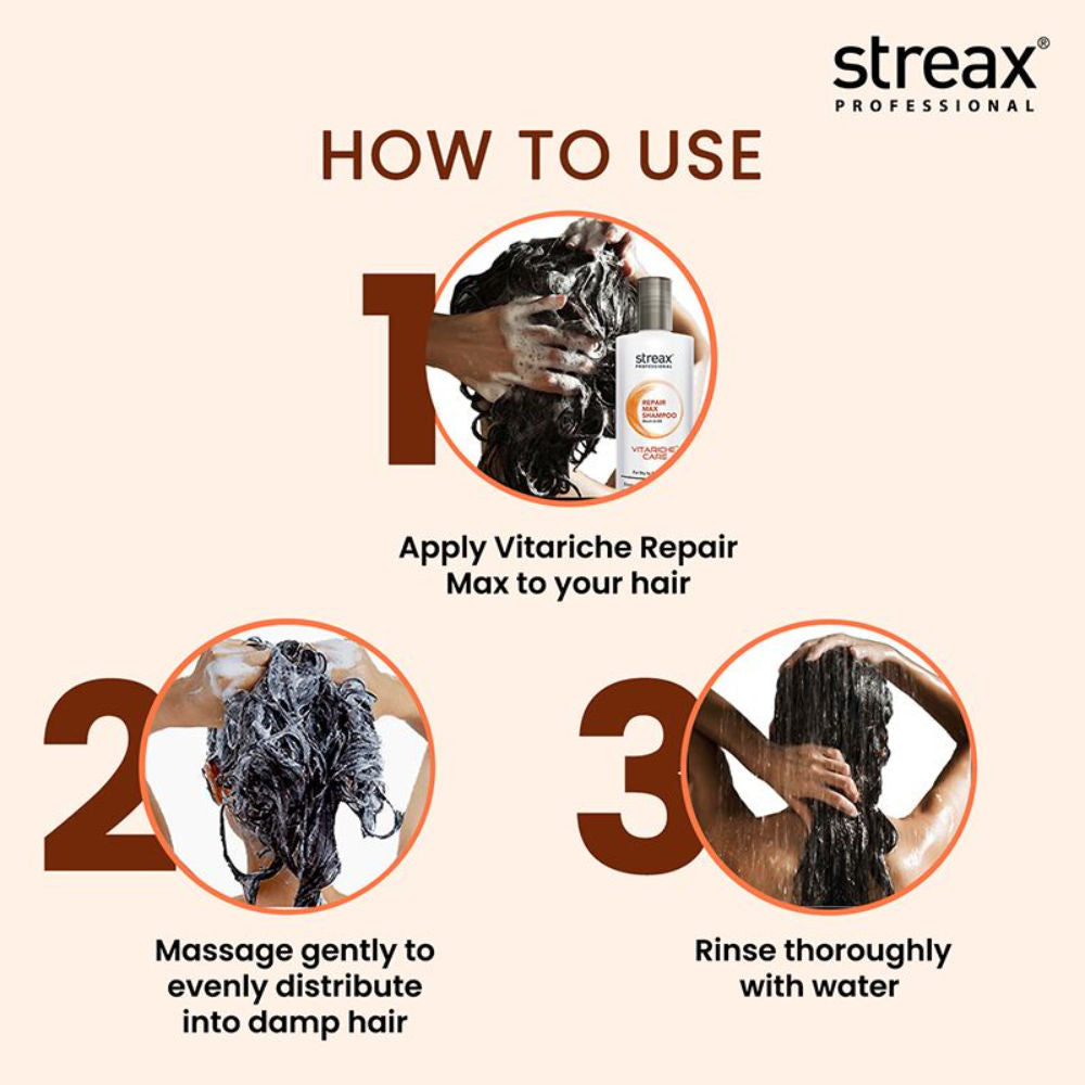 Streax Professional Vitariche Care Repair Max Shampoo For Dry, Damaged Hair, 300ml Buy at Indicrest Image 5