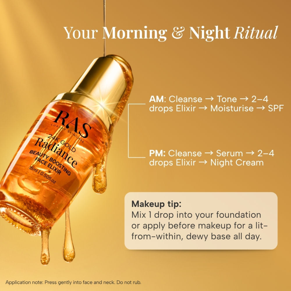 RAS Luxury Oils 24K Gold Radiance Beauty Boosting Face Elixir Serum For Glowing Skin, 15ml