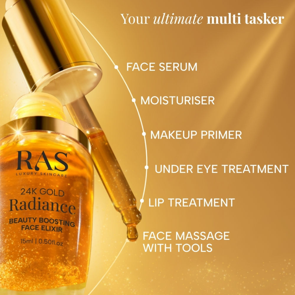 RAS Luxury Oils 24K Gold Radiance Beauty Boosting Face Elixir Serum For Glowing Skin, 15ml
