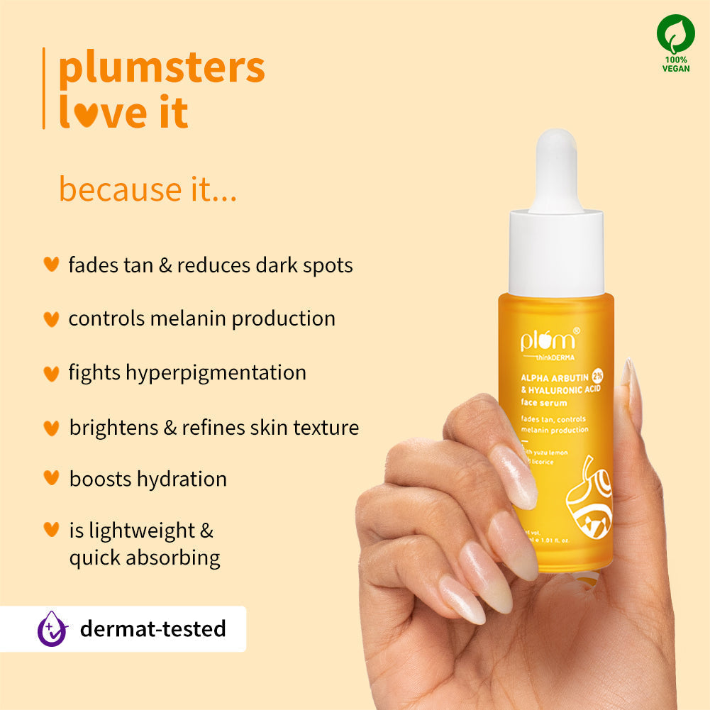 Plum 2% Alpha Arbutin & Hyaluronic Acid Tan Fading Face Serum | Reduces Tan In 14 Days |Suitable For Sensitive Skin | Dermat-Tested, 30ml Buy at Indicrest Image 5