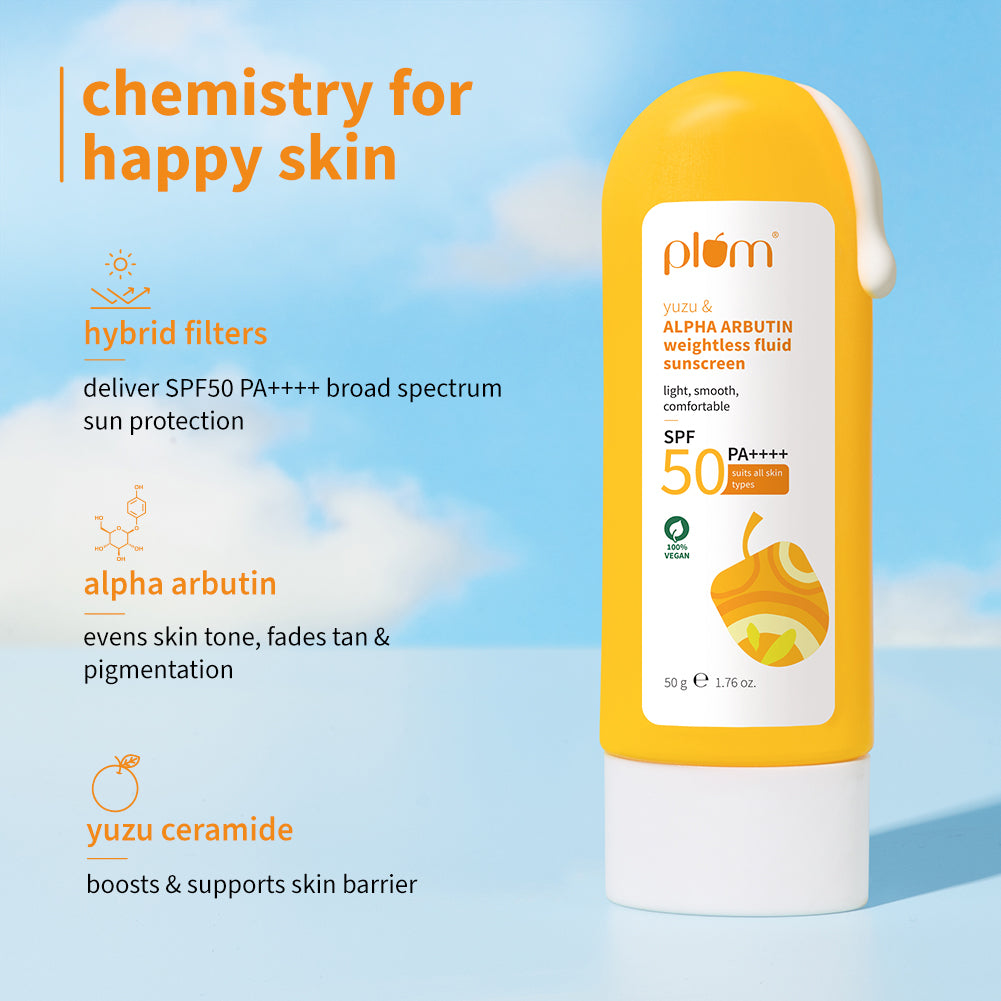 Plum Yuzu & Alpha Arbutin SPF 50 Weightless Fluid Sunscreen | Ultra-Light Texture | No White Cast | Non-Greasy, 50g Buy at Indicrest Image 3