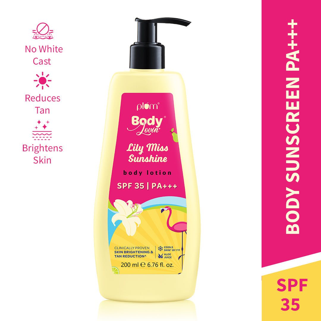 Plum Lily Miss Sunshine Sunscreen Body Lotion SPF 35 PA+++ by Plum BodyLovin' | No White Cast | Reduces Tan | Brightens, Cools & Hydrates Skin | Fresh Fruity-Floral Fragrance, 200ml Buy at Indicrest Image 2