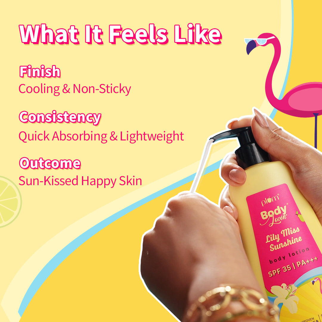 Plum Lily Miss Sunshine Sunscreen Body Lotion SPF 35 PA+++ by Plum BodyLovin' | No White Cast | Reduces Tan | Brightens, Cools & Hydrates Skin | Fresh Fruity-Floral Fragrance, 200ml Buy at Indicrest Image 4