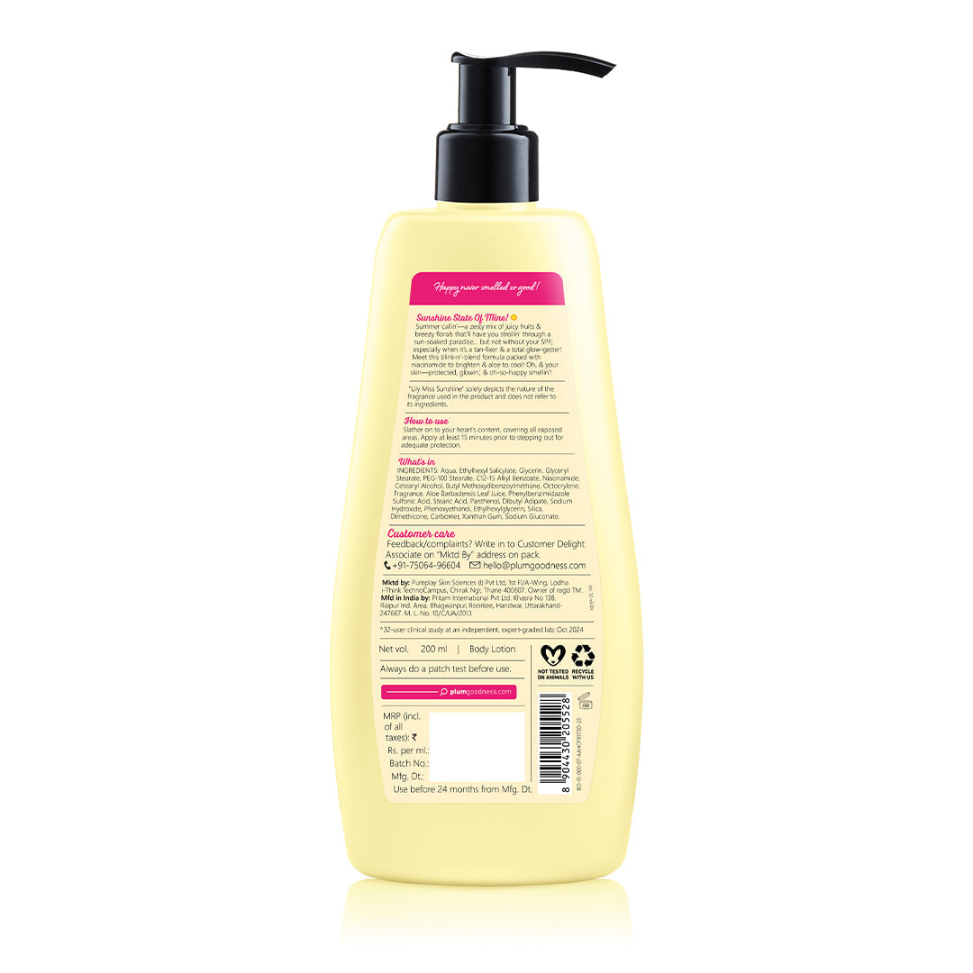 Plum Lily Miss Sunshine Sunscreen Body Lotion SPF 35 PA+++ by Plum BodyLovin' | No White Cast | Reduces Tan | Brightens, Cools & Hydrates Skin | Fresh Fruity-Floral Fragrance, 200ml Buy at Indicrest Image 8