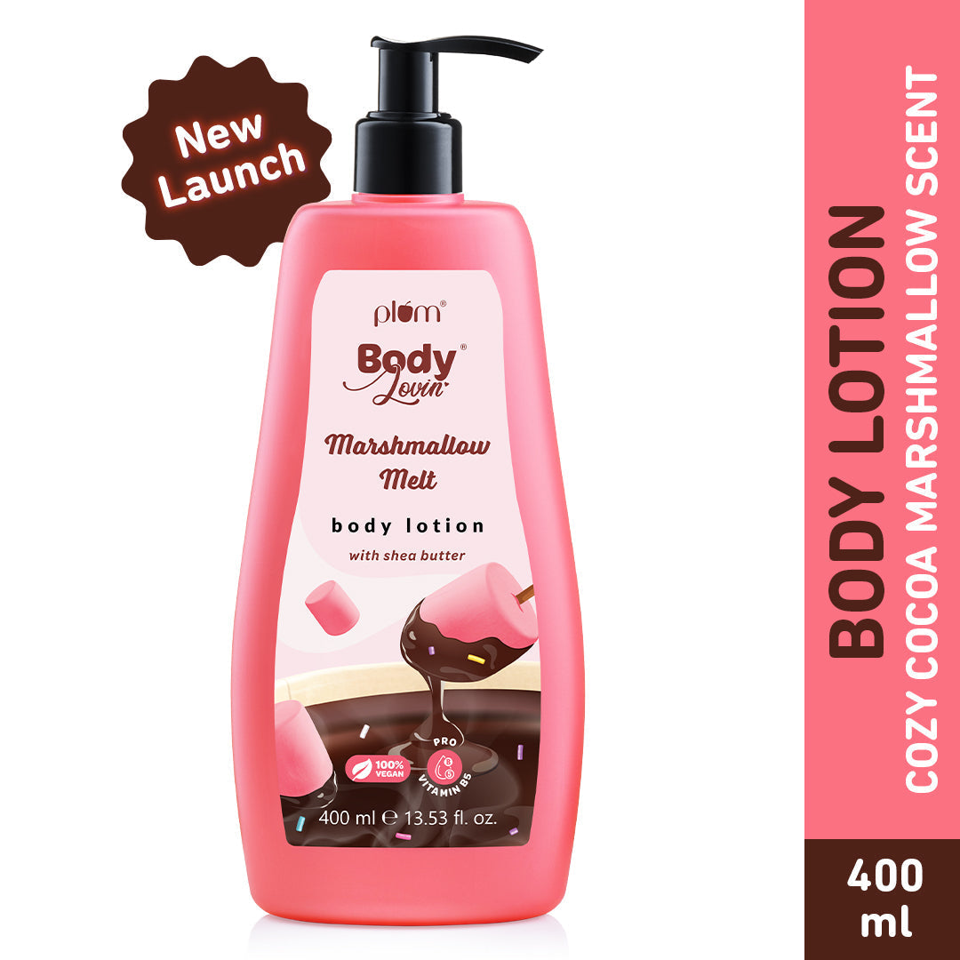 Plum Marshmallow Melt Body Lotion by Plum BodyLovin' | Instant & Intense Moisturization | Shea Butter & Vitamin B5 | Marshmallow Cocoa Fragrance | Non-Greasy | Normal To Dry Skin, 400ml Buy at Indicrest Image 2