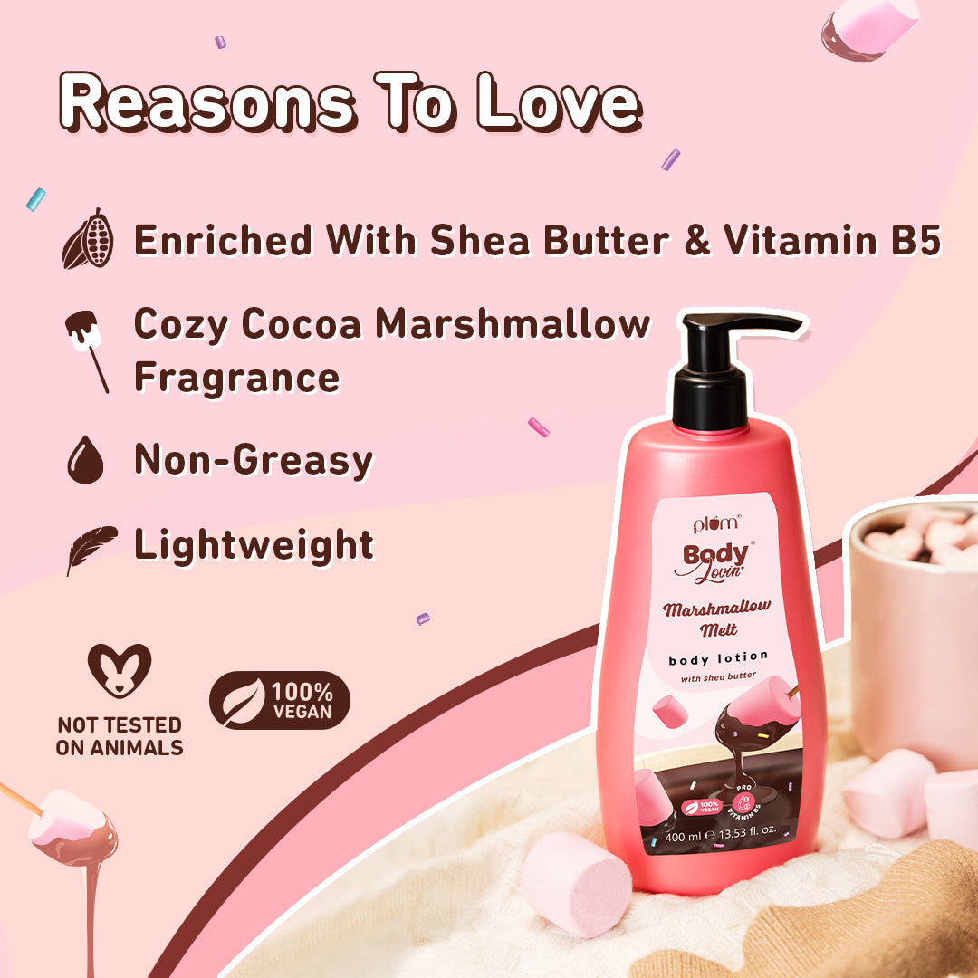 Plum Marshmallow Melt Body Lotion by Plum BodyLovin' | Instant & Intense Moisturization | Shea Butter & Vitamin B5 | Marshmallow Cocoa Fragrance | Non-Greasy | Normal To Dry Skin, 400ml Buy at Indicrest Image 5