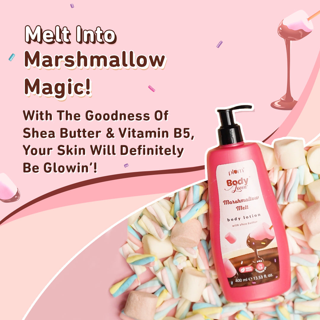 Plum Marshmallow Melt Body Lotion by Plum BodyLovin' | Instant & Intense Moisturization | Shea Butter & Vitamin B5 | Marshmallow Cocoa Fragrance | Non-Greasy | Normal To Dry Skin, 400ml Buy at Indicrest Image 6