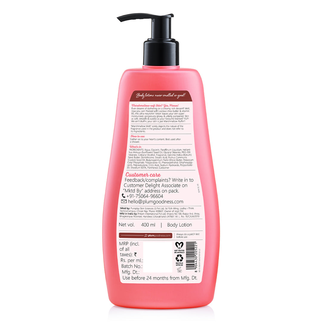 Plum Marshmallow Melt Body Lotion by Plum BodyLovin' | Instant & Intense Moisturization | Shea Butter & Vitamin B5 | Marshmallow Cocoa Fragrance | Non-Greasy | Normal To Dry Skin, 400ml Buy at Indicrest Image 8