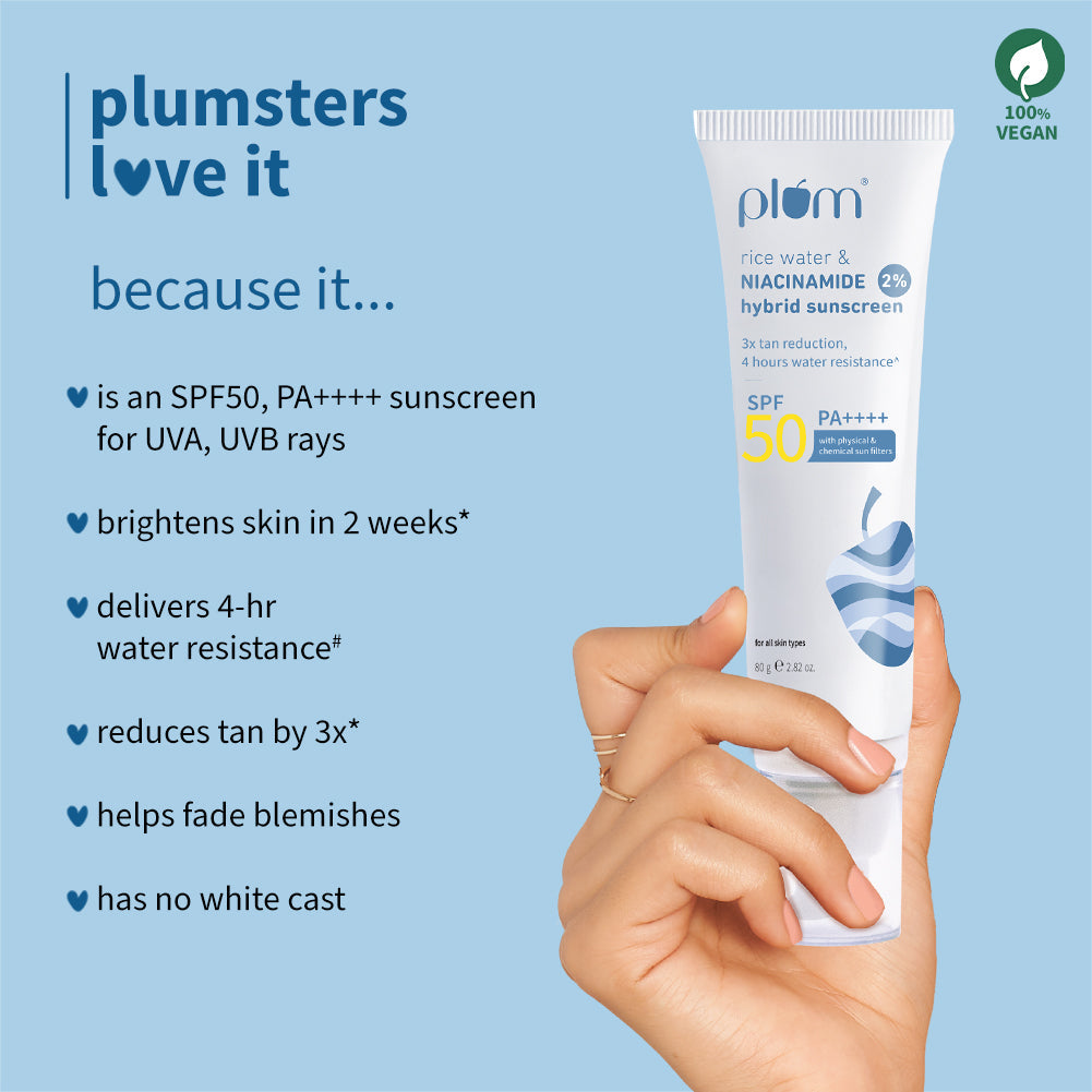 Plum 2% Niacinamide & Rice Water SPF 50 PA++++ Brightening Sunscreen | 3X Tan Reduction | 4-Hr Water Resistant | Dermat-Tested | No White Cast, 80g Buy at Indicrest Image 6