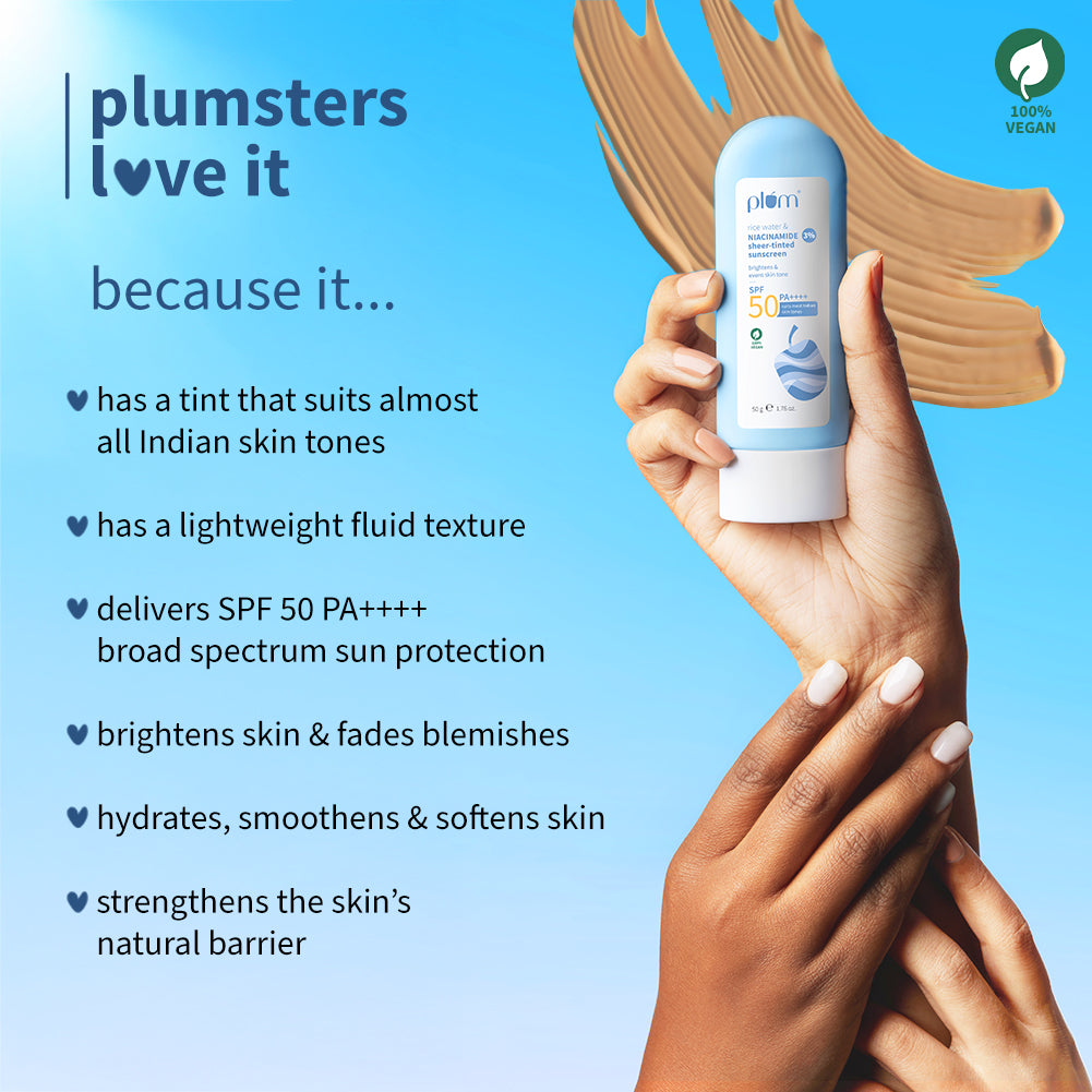 Plum 3% Niacinamide & Rice Water SPF 50 Sheer-Tinted Sunscreen | Universal Tint For Most Indian Skin Tones | Non-Greasy, 50g Buy at Indicrest Image 6