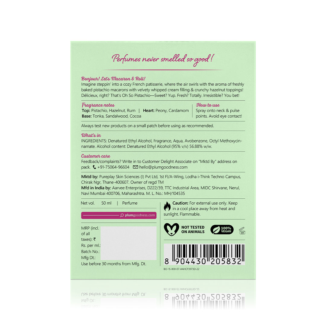 Plum Oh So Pistachio Eau De Parfum (Perfume) by Plum BodyLovin' | Long Lasting | Summer Gourmand Fragrance | Supremely Luxurious, 50ml Buy at Indicrest Image 8