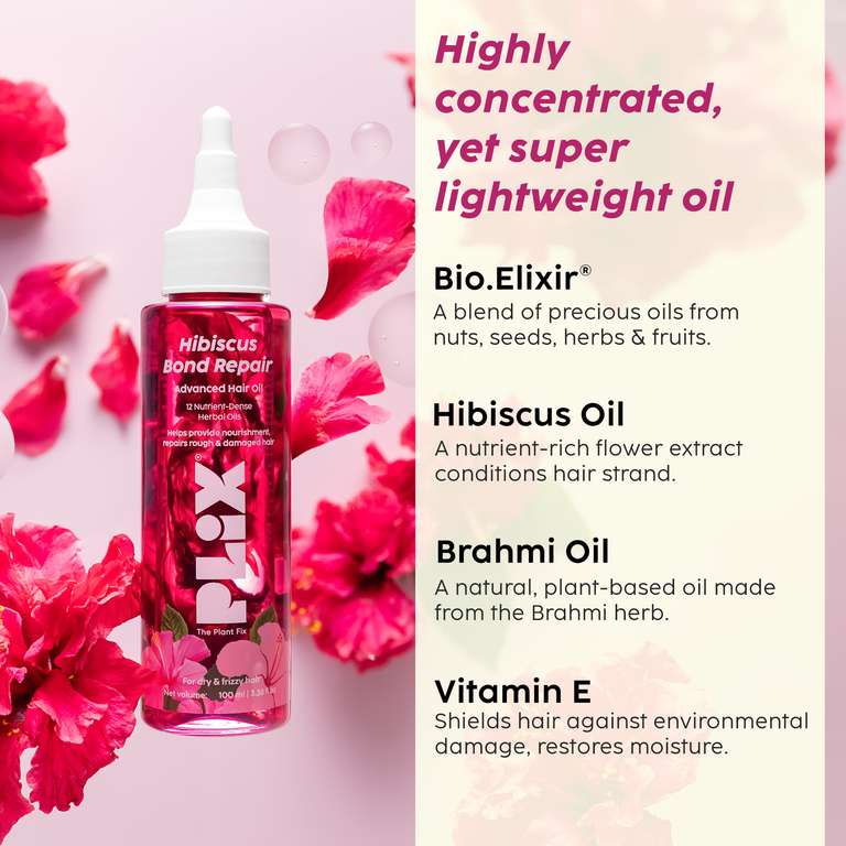 Plix Hibiscus Bond Repair Advanced Hair Oil | For Targeted Repair of Rough & Damaged Hair, 100ml Buy at Indicrest Image 2