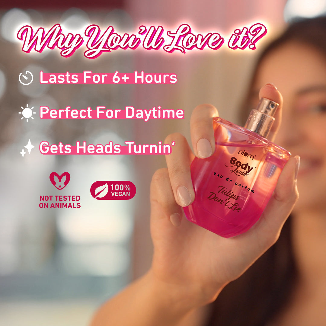 Plum Tulips Don't Lie Eau De Parfum (Perfume) by Plum BodyLovin' | Long Lasting | Supremely Luxurious | Fresh Delicate Floral Scent, 50ml Buy at Indicrest Image 5