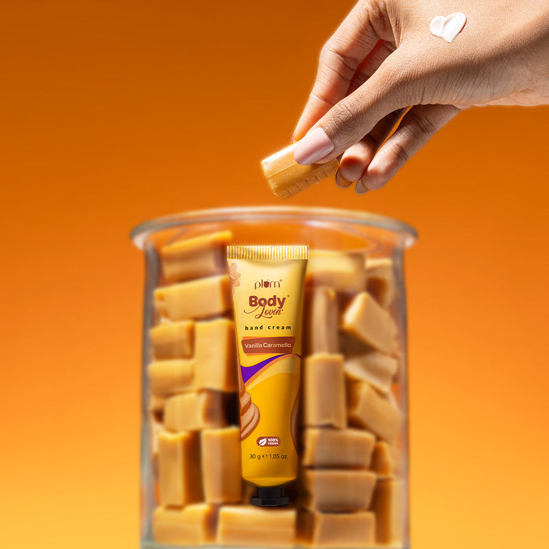 Plum Vanilla Caramello Hand Cream by Plum Body Lovin' | Ultra Moisturizing With Shea Butter | Warm Vanilla & Delicious Caramel Fragrance | Non-Greasy & Lightweight, 30g Buy at Indicrest