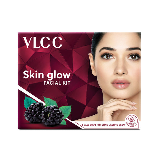 VLCC Skin Glow Facial Kit packaging with a woman's face and blackberries on a red geometric background Buy at Indicrest
