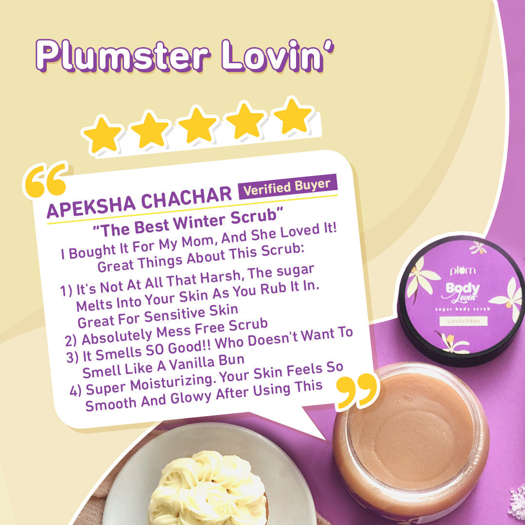 Plum Vanilla Vibes Sugar Body Scrub by Plum BodyLovin' | Exfoliates & Brightens Skin | Removes Tan | Non-Drying | Improves Skin Texture | Warm Vanilla Fragrance, 100g Buy at Indicrest Image 7