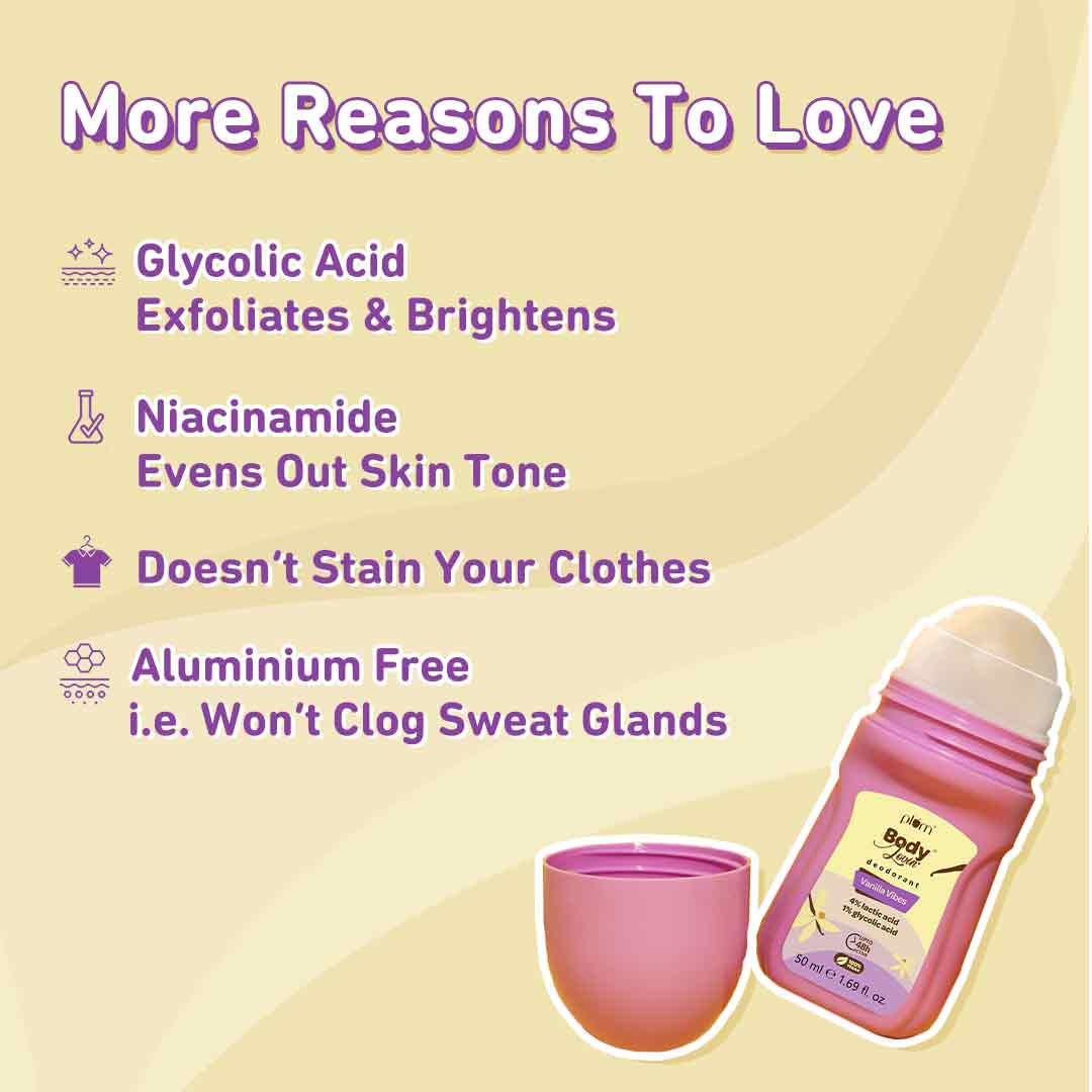 Plum Vanilla Vibes Deodorant Roll On by Plum BodyLovin' | 4% Lactic Acid & 1% Glycolic Acid | Controls Odor & Fades Underarm Darkness | Warm Vanilla Fragrance, 50ml Buy at Indicrest Image 6