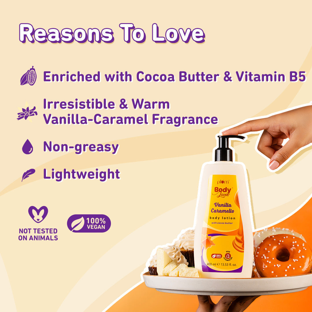 Plum Vanilla Caramello Body Lotion by Plum BodyLovin' | Deep Moisturization| Non-Greasy | Warm & Cozy Vanilla Fragrance | Normal To Dry Skin, 400ml Buy at Indicrest Image 3
