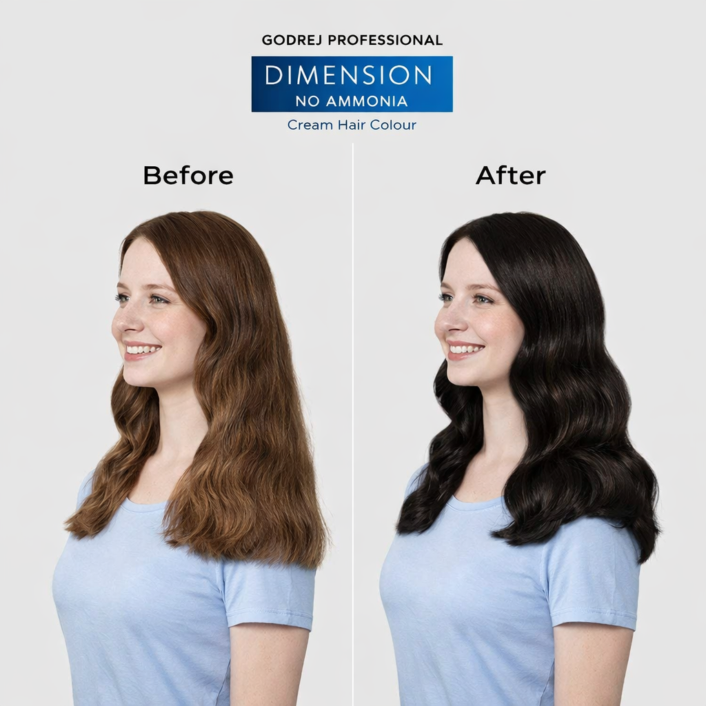 Godrej Professional Dimension No Ammonia Cream Hair Colour Dark Brown before and after result showing visible hair colour transformation